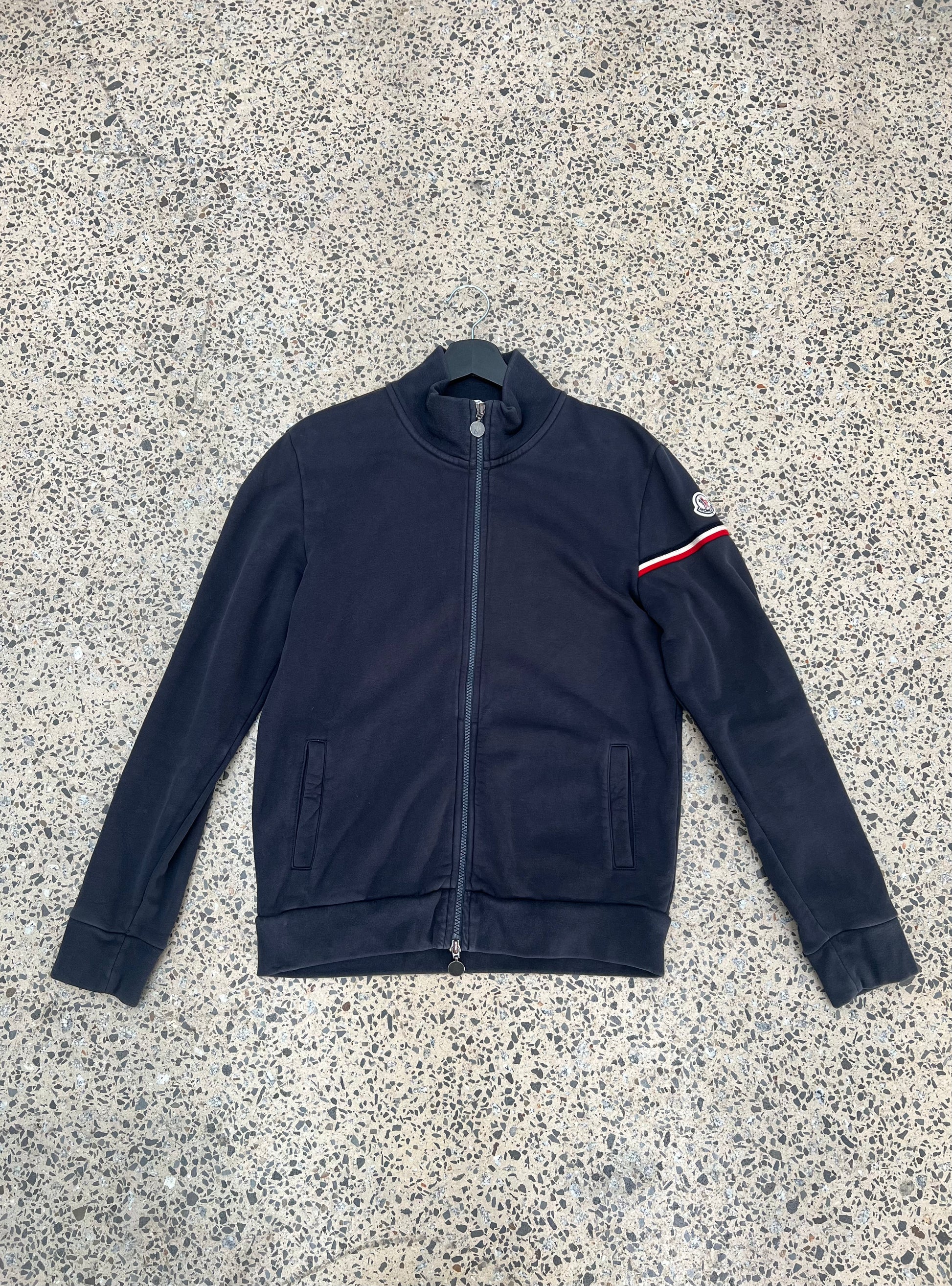 Moncler Navy Full-Zip Track Jacket – Logo Sleeve Stripe (M)