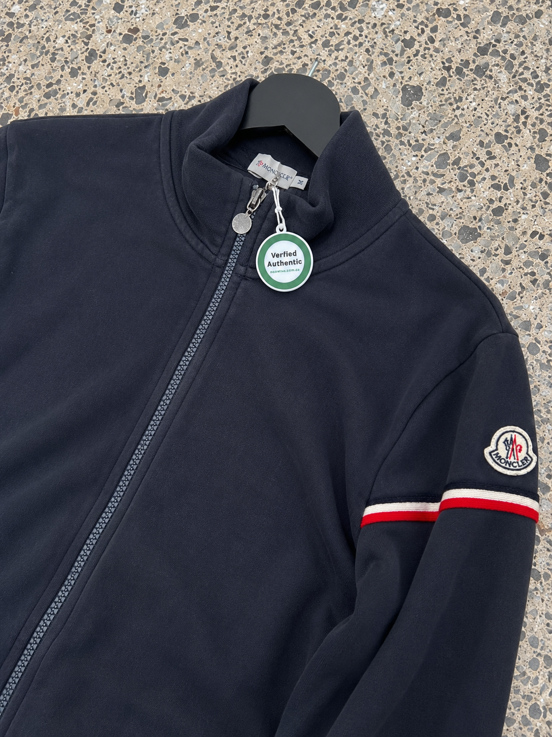Moncler Navy Full-Zip Track Jacket – Logo Sleeve Stripe (M)